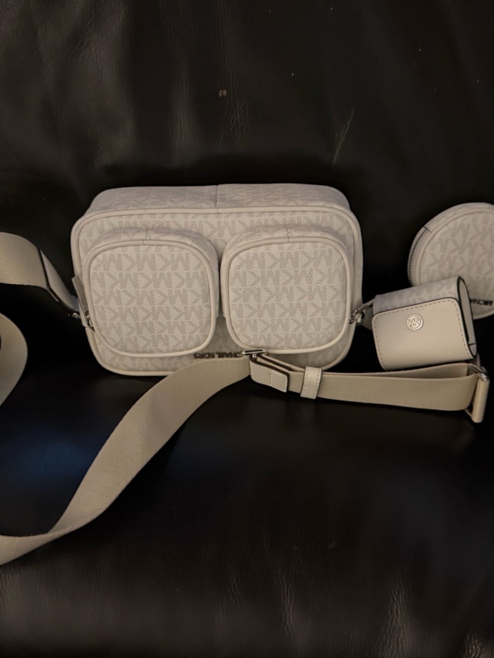 Michael Kors Light Gray/White Monogram Dual-Pocket Crossbody Belt Bag
